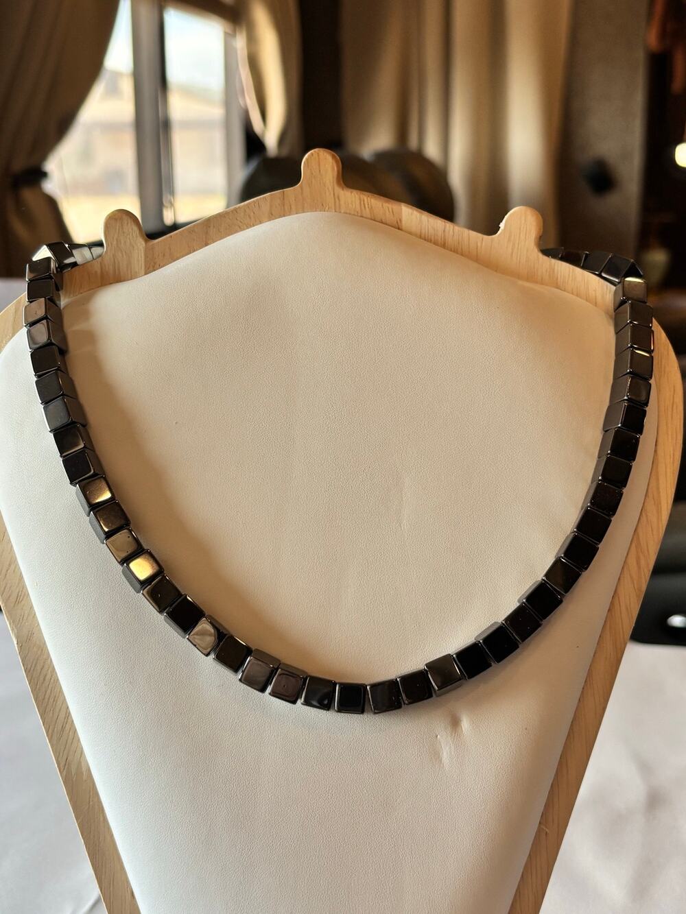 Hematite square beaded necklace 18” with Sterling Silver Clasp